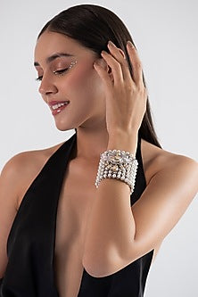 White Finish Swarovski Crystal & Pearl Handcuff In Sterling Silver