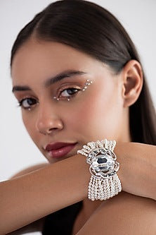 White Finish Swarovski Crystal & Pearl Handcuff In Sterling Silver