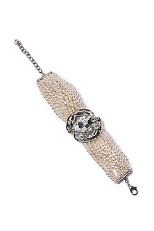 White Finish Swarovski Crystal & Pearl Handcuff In Sterling Silver