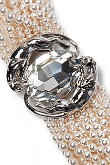 White Finish Swarovski Crystal & Pearl Handcuff In Sterling Silver