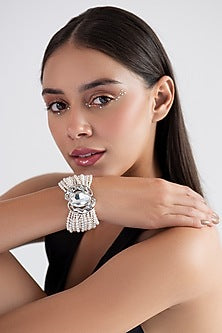 White Finish Swarovski Crystal & Pearl Handcuff In Sterling Silver