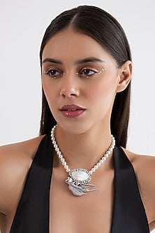 White Finish Swarovski Stone & Pearl Long Necklace In Sterling Silver