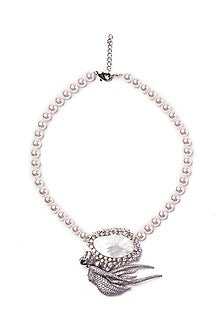 White Finish Swarovski Stone & Pearl Long Necklace In Sterling Silver