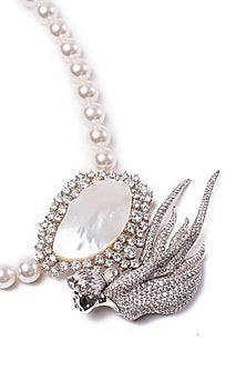 White Finish Swarovski Stone & Pearl Long Necklace In Sterling Silver