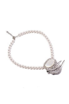 White Finish Swarovski Stone & Pearl Long Necklace In Sterling Silver