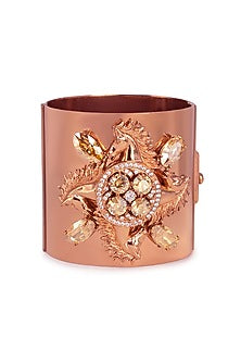Rose Gold Finish Swarovski Crystal Horse Motif Handcuff In Sterling Silver