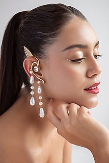 Gold Finish Pearl Earcuffs In Sterling Silver