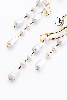 Gold Finish Pearl Earcuffs In Sterling Silver