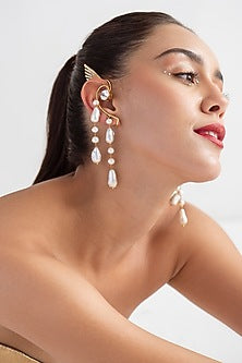 Gold Finish Pearl Earcuffs In Sterling Silver