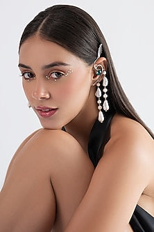 White Finish Swarovski Crystal & Pearl Dangler Earrings In Sterling Silver
