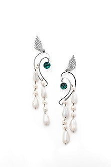 White Finish Swarovski Crystal & Pearl Dangler Earrings In Sterling Silver