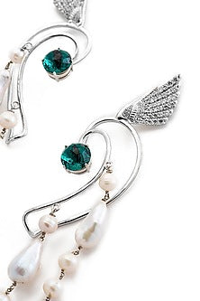 White Finish Swarovski Crystal & Pearl Dangler Earrings In Sterling Silver