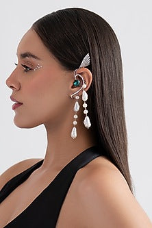 White Finish Swarovski Crystal & Pearl Dangler Earrings In Sterling Silver