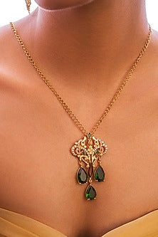 Gold Plated Emerald & Crystal Pendant Necklace
