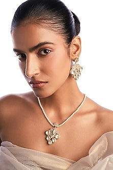 Gold Plated Swarovski Pearl & Crystal Hand Carved Pendant Necklace