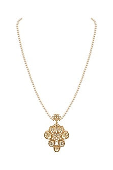 Gold Plated Swarovski Pearl & Crystal Hand Carved Pendant Necklace