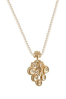 Gold Plated Swarovski Pearl & Crystal Hand Carved Pendant Necklace