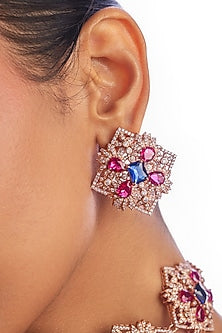 Rose Gold Plated Sapphire & Ruby Red Gemstone Stud Earrings