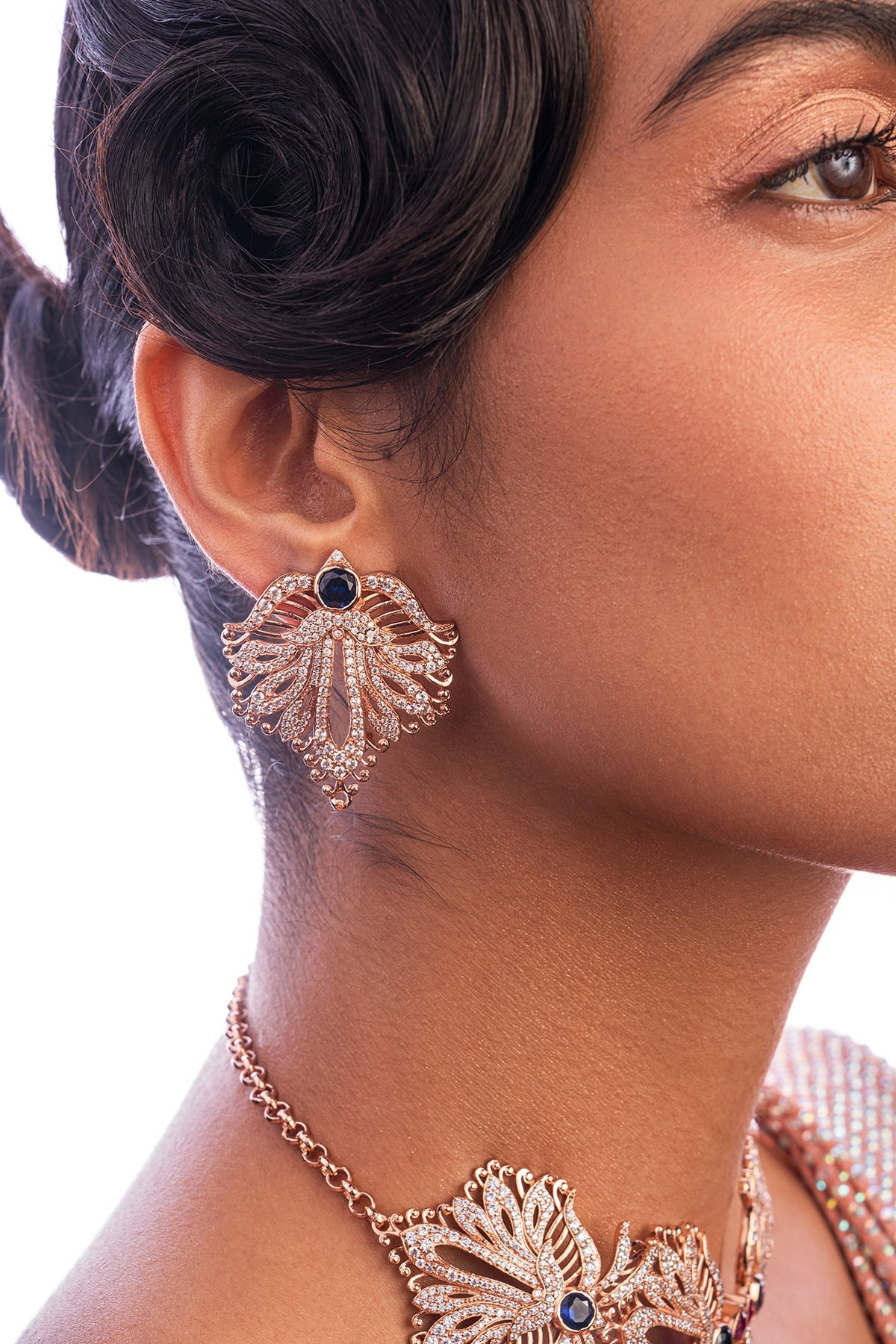 Rose Gold Plated Sapphire & Crystal Hand Carved Leave Stud Earrings