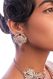 Rose Gold Plated Sapphire & Crystal Hand Carved Leave Stud Earrings