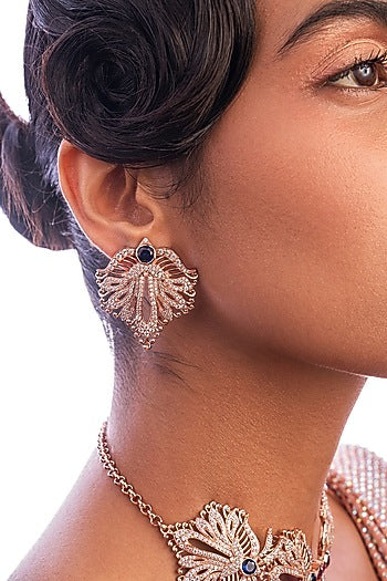 Rose Gold Plated Sapphire & Crystal Hand Carved Leave Stud Earrings