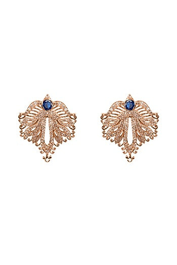 Rose Gold Plated Sapphire & Crystal Hand Carved Leave Stud Earrings