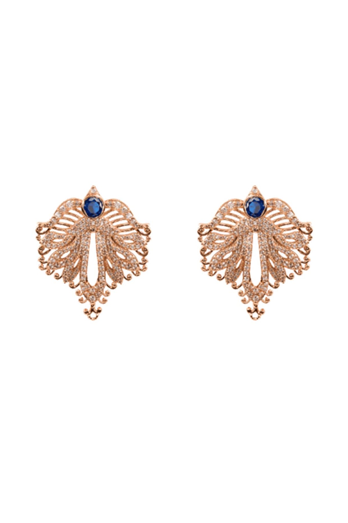 Rose Gold Plated Sapphire & Crystal Hand Carved Leave Stud Earrings