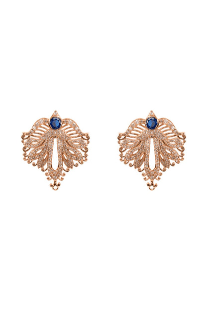 Rose Gold Plated Sapphire & Crystal Hand Carved Leave Stud Earrings