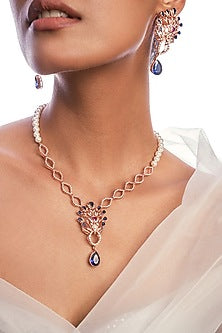 Rose Gold Plated Ruby Red Gemstone & Sapphire Long Necklace