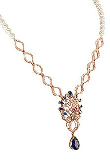 Rose Gold Plated Ruby Red Gemstone & Sapphire Long Necklace