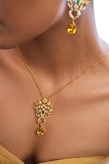 Gold Plated Emerald & Citrine Stone Pendant Necklace
