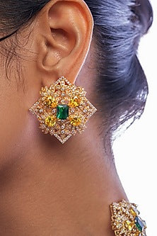 Gold Plated Emerald & Citrine Stone Stud Earrings