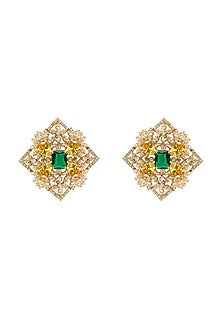 Gold Plated Emerald & Citrine Stone Stud Earrings