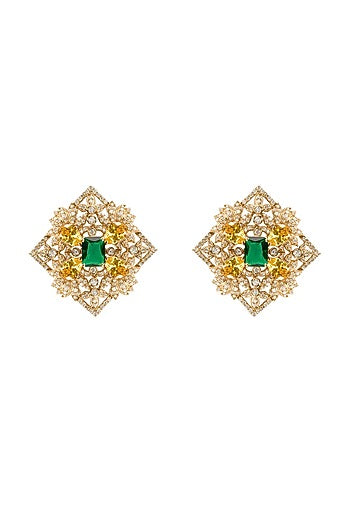 Gold Plated Emerald & Citrine Stone Stud Earrings