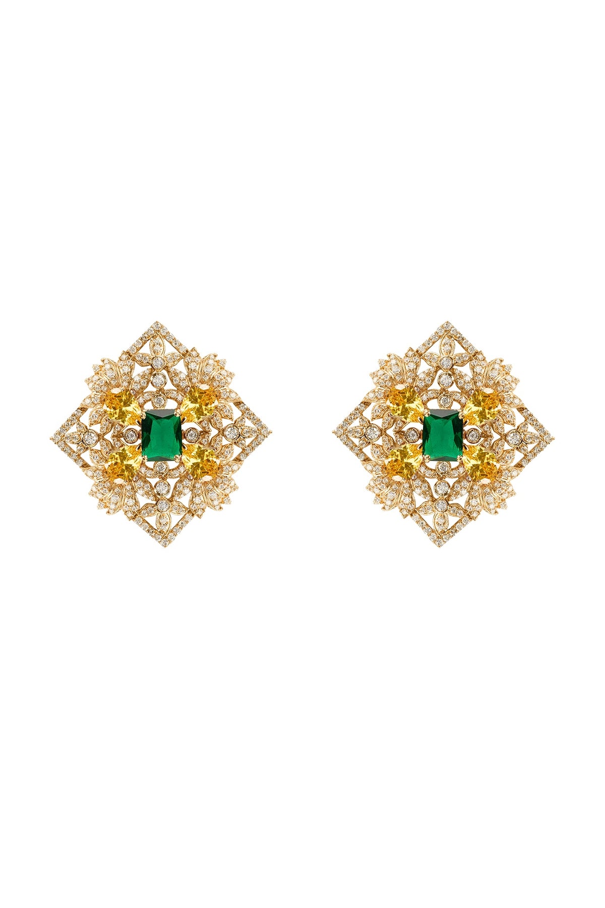 Gold Plated Emerald & Citrine Stone Stud Earrings