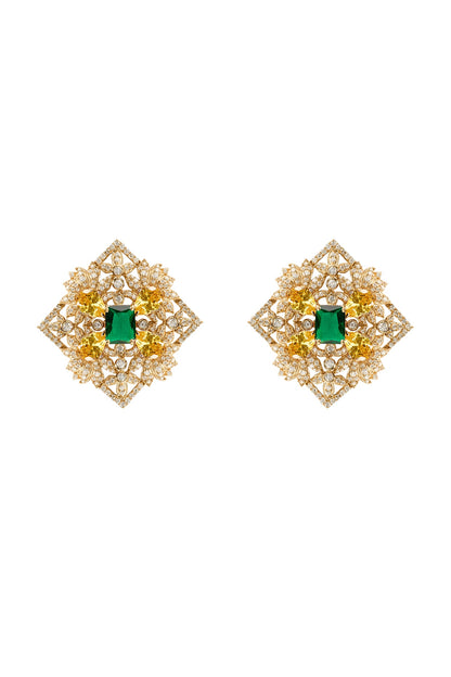 Gold Plated Emerald & Citrine Stone Stud Earrings