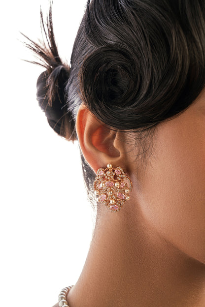 Gold Plated Rose Quartz & Crystal Stud Earrings