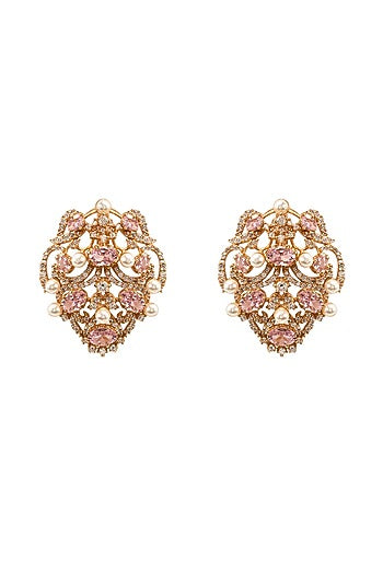 Gold Plated Rose Quartz & Crystal Stud Earrings