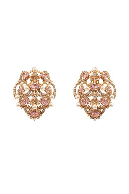 Gold Plated Rose Quartz & Crystal Stud Earrings