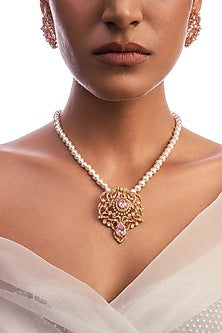 Gold Plated Rose Quartz & Swarovski Pearl Long Necklace