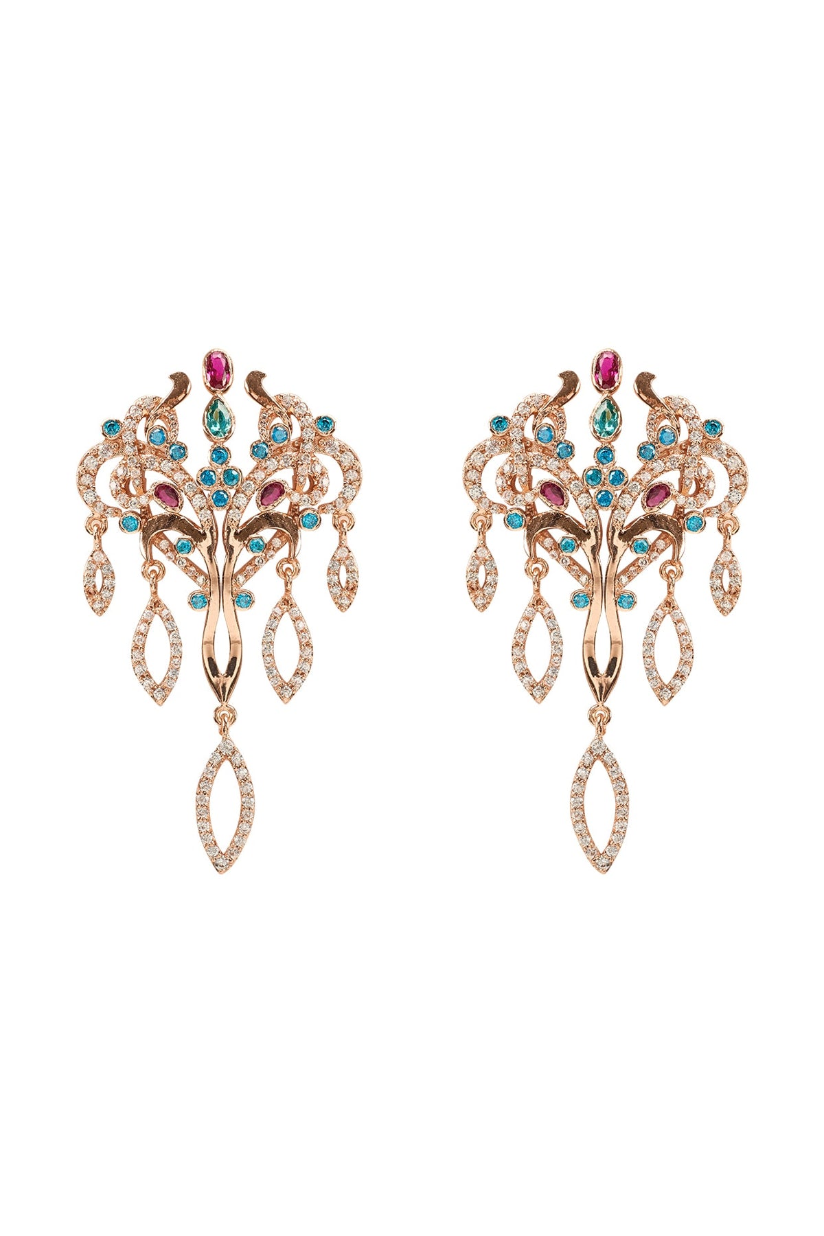 Gold Plated Aquamarine & Ruby Red Stone Dangler Earrings