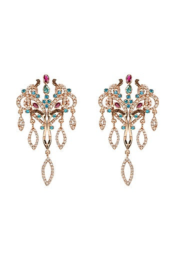 Gold Plated Aquamarine & Ruby Red Stone Dangler Earrings
