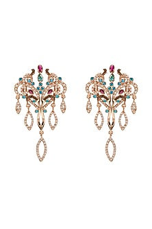 Gold Plated Aquamarine & Ruby Red Stone Dangler Earrings