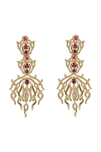 Gold Plated Ruby & Crystal Dangler Earrings