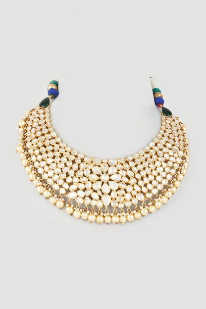 Gold Finish Semi Precious Kundan Polki Necklace In Sterling Silver