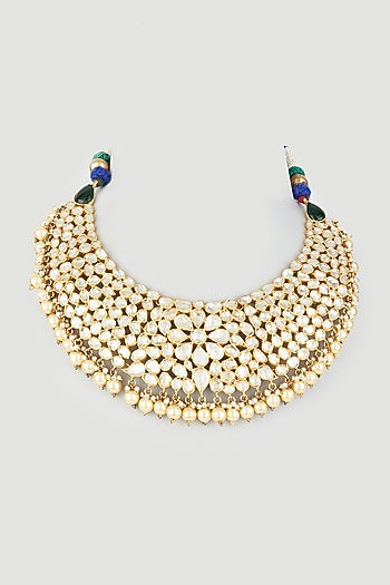 Gold Finish Semi Precious Kundan Polki Necklace In Sterling Silver