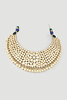 Gold Finish Semi Precious Kundan Polki Necklace In Sterling Silver