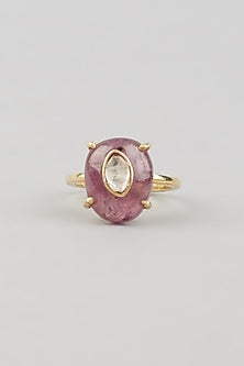 Gold Finish Kundan Polki Ring In Sterling Silver
