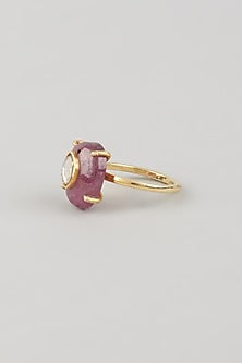 Gold Finish Kundan Polki Ring In Sterling Silver