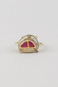 Gold Finish Semi Precious Kundan Polki Ring In Sterling Silver